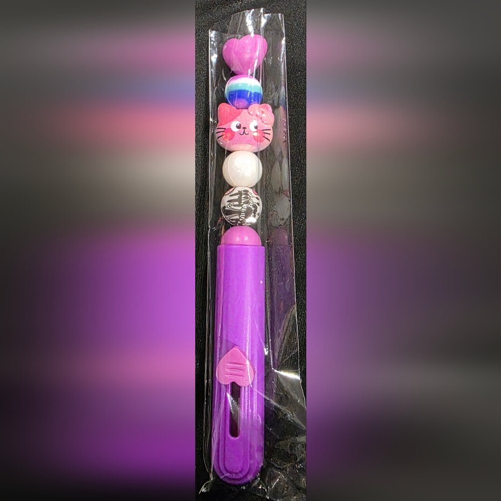 Hand Beaded Purple Cat-Themed Utility Knife with Pink Accents